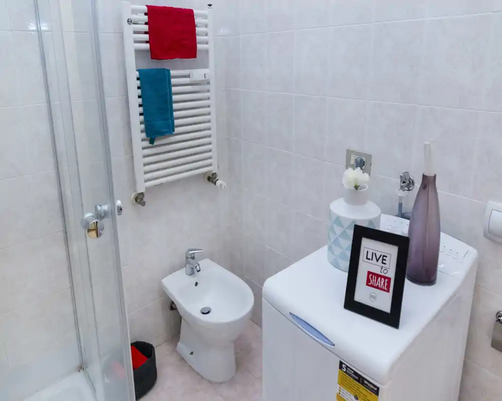 Baño compacto y luminoso con ducha, bidé y lavadora; paredes alicatadas, calentador toallero y accesorios decorativos que aportan un aspecto moderno y ordenado.