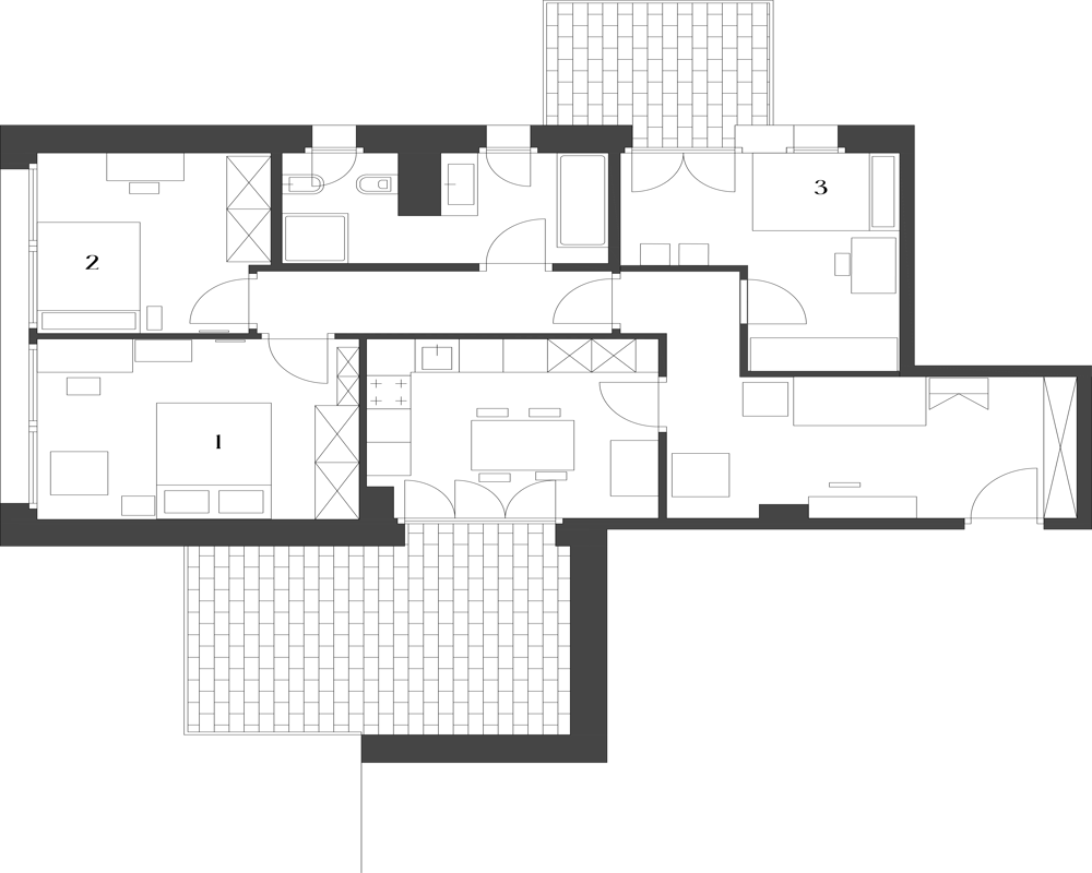 Pianta architettonica in bianco e nero (planimetria 2D) che mostra la distribuzione dell'appartamento con stanze numerate, porte, finestre e simboli d'arredo.