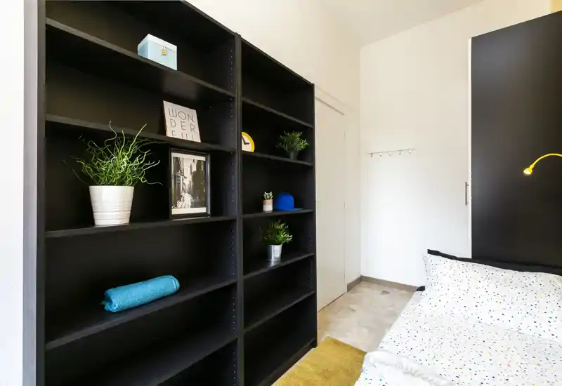 Bright, modern bedroom corner with a patterned bed, warm reading lamp and a large black shelving unit decorated with plants and accessories.
