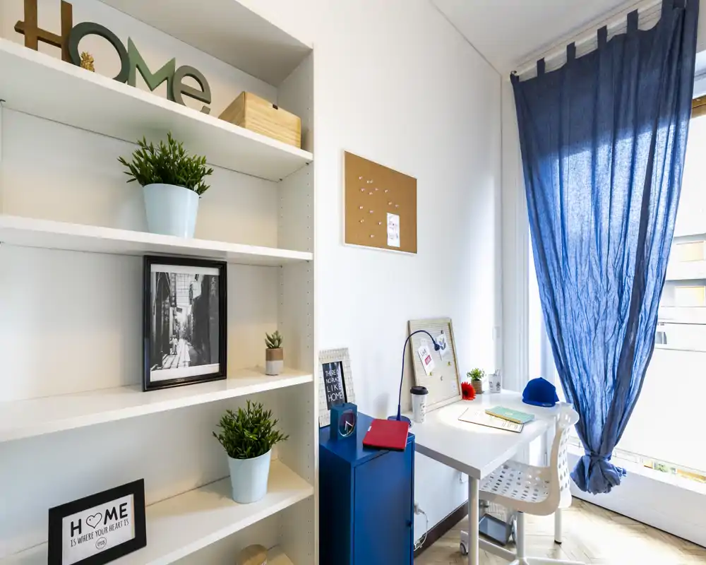 Rincón de trabajo luminoso y ordenado con estantería blanca, plantas y un escritorio junto a una ventana con cortinas azules — ideal para estudiar o trabajar desde casa.