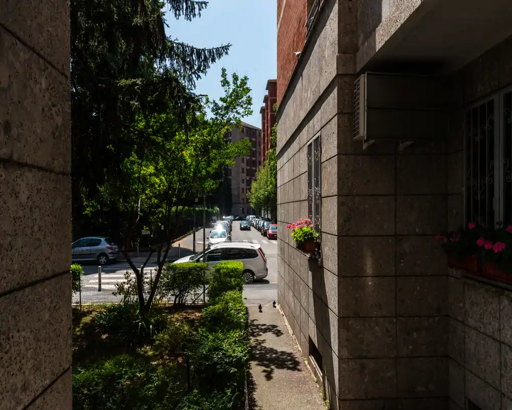 Vista de un espacio urbano exterior desde una entrada o balcón: calle con coches aparcados, árboles y una pequeña zona ajardinada en primer plano.
