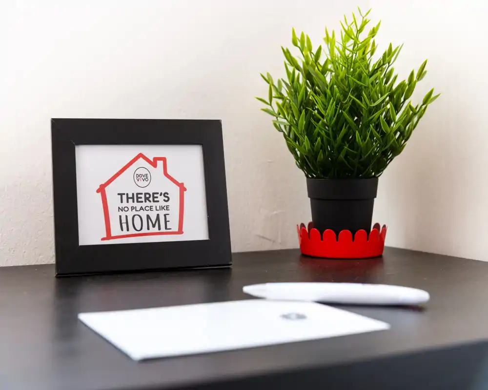 Primer plano de una superficie del salón ordenada con un marco y una pequeña planta en maceta sobre una mesa oscura; estilo minimalista y luminoso, ideal como detalle acogedor para un anuncio.