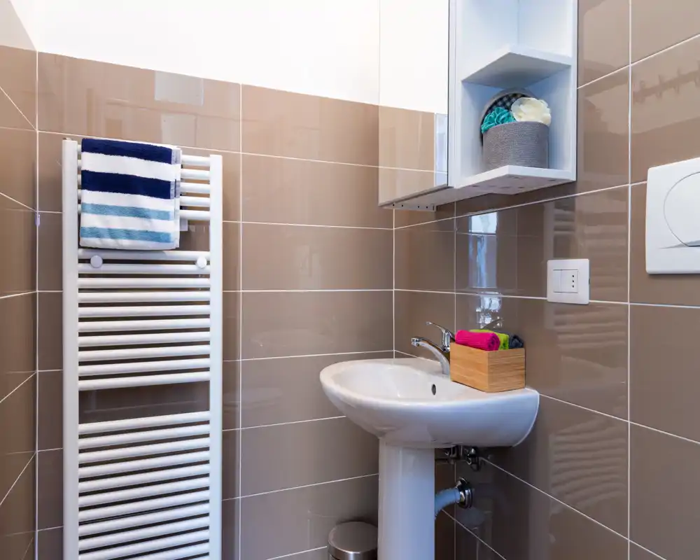 Pequeño baño moderno con lavabo de pedestal, radiador toallero mural y azulejos brillantes de tono neutro; estantería y accesorios ordenados que crean un espacio funcional.