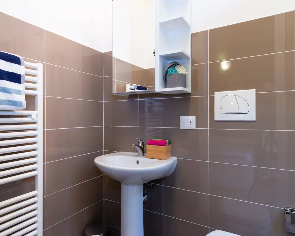 Baño moderno y compacto con lavabo de pedestal, armario mural y toallero calefactado; azulejos marrones neutros y buena iluminación para un espacio limpio y funcional.