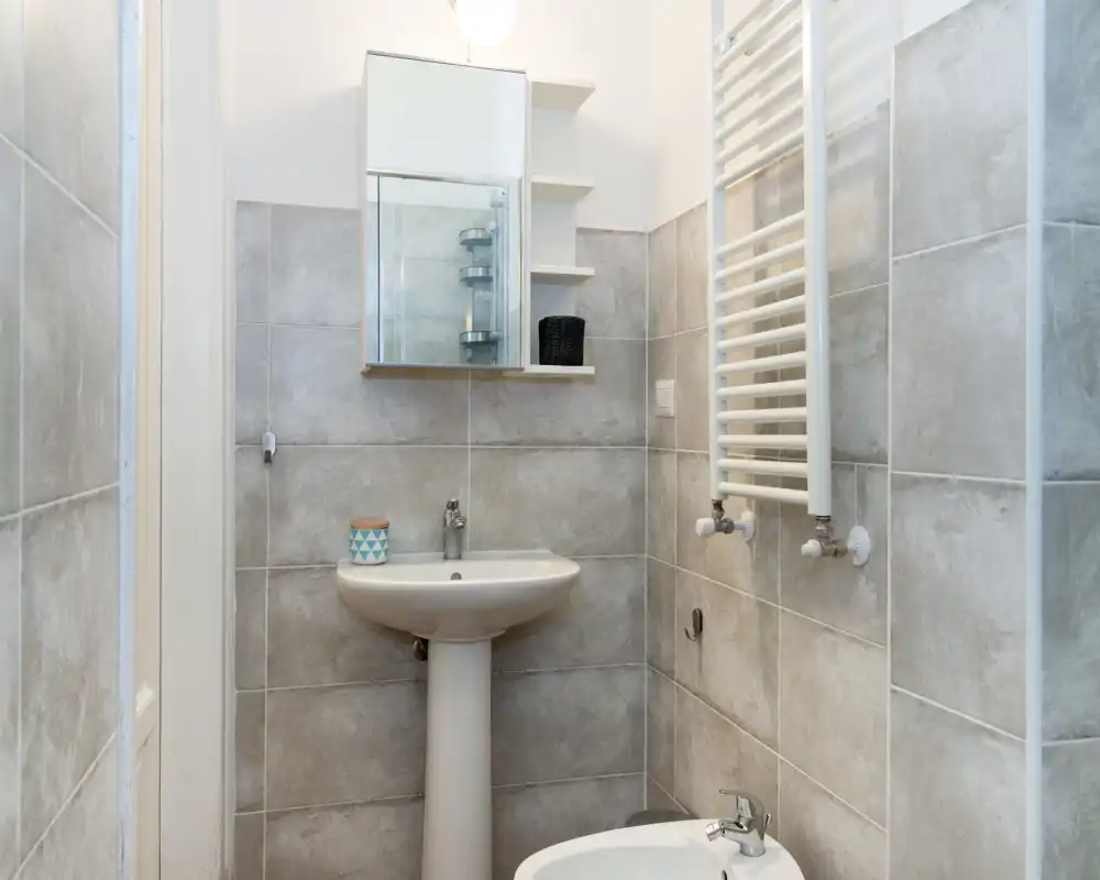 Pequeño baño moderno con lavabo de pedestal, armario con espejo y bidé, revestido con azulejos gris claro y un radiador toallero vertical.