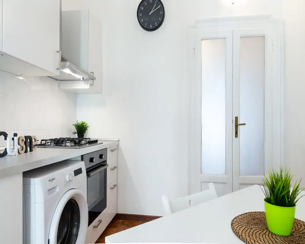 Cocina moderna y luminosa con horno empotrado, placa de gas y lavadora bajo la encimera; superficies blancas y pequeñas plantas que aportan un toque fresco y acogedor.
