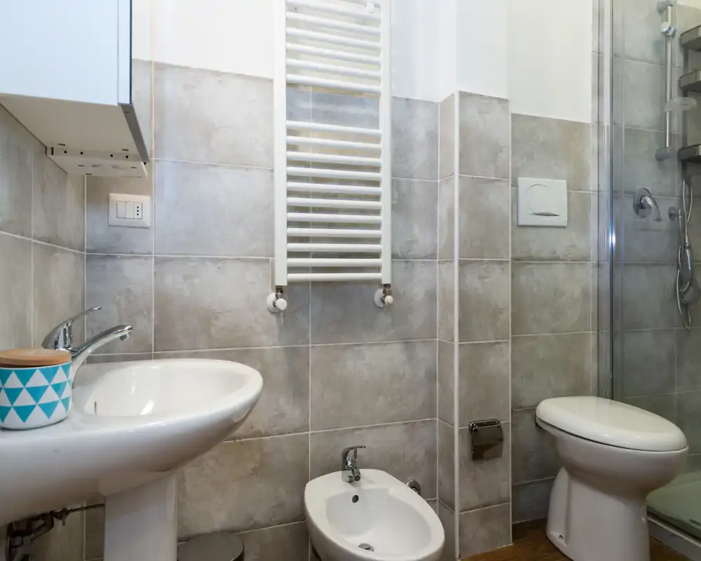 Baño moderno y limpio con lavabo, bidé, inodoro y ducha de vidrio; azulejos grises neutras y toallero calefactado para un espacio luminoso y funcional.