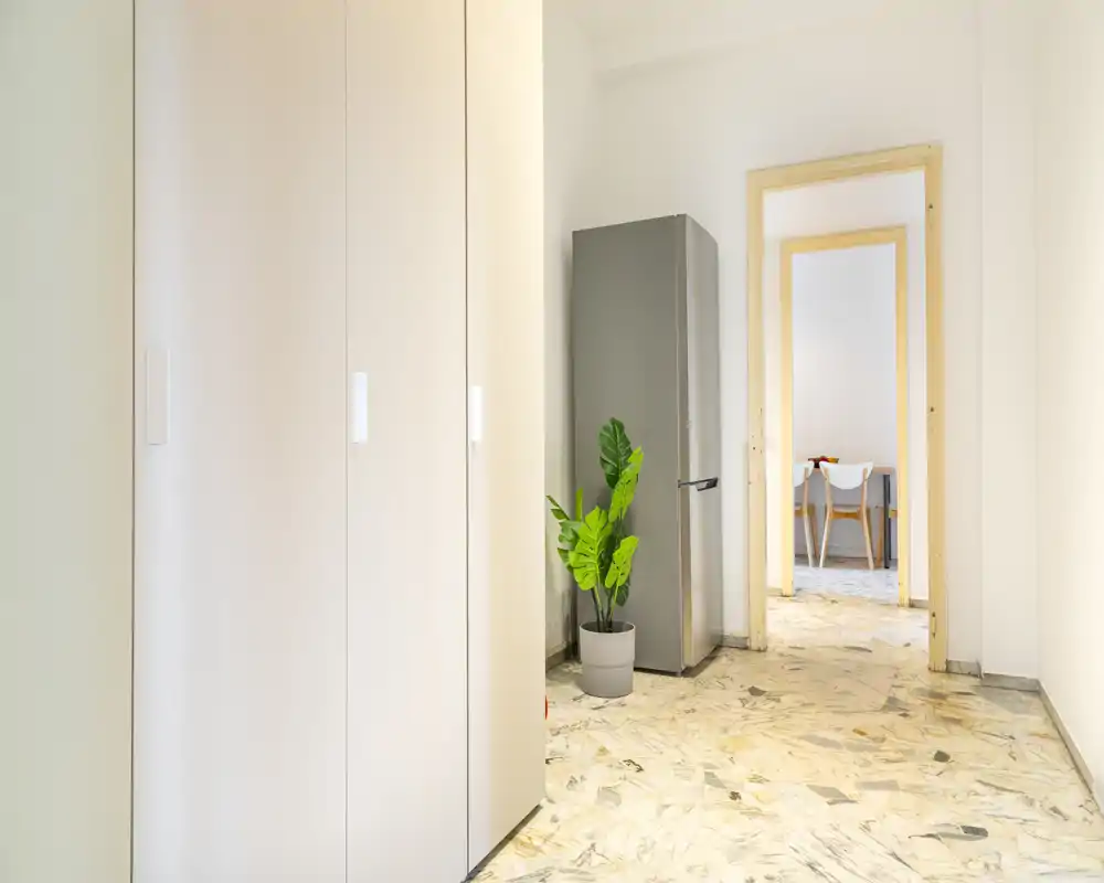 Ingresso luminoso e minimalista con un armadio alto a sinistra, frigorifero in acciaio e una pianta in vaso vicino alla porta che conduce alla zona pranzo.