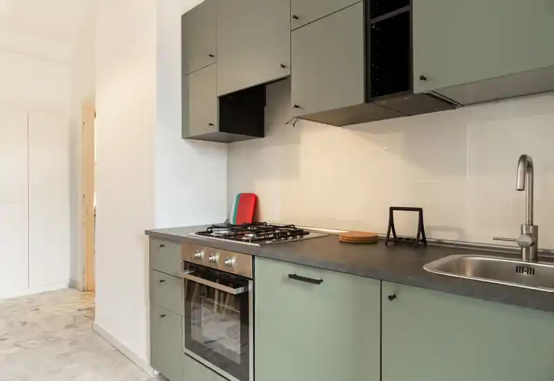 Cocina compacta y moderna con armarios verde suave, placa de gas, horno integrado y fregadero de acero inoxidable. Encimera limpia y pequeños toques decorativos para un espacio de cocina funcional.