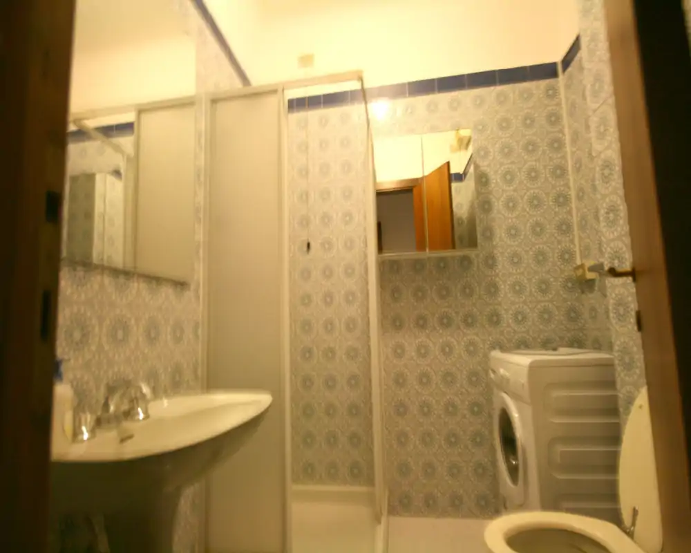 Baño compacto con paredes de azulejos decorativos, cabina de ducha, lavabo, lavadora y aseo. Espacio luminoso y funcional, ideal para un anuncio de alquiler.
