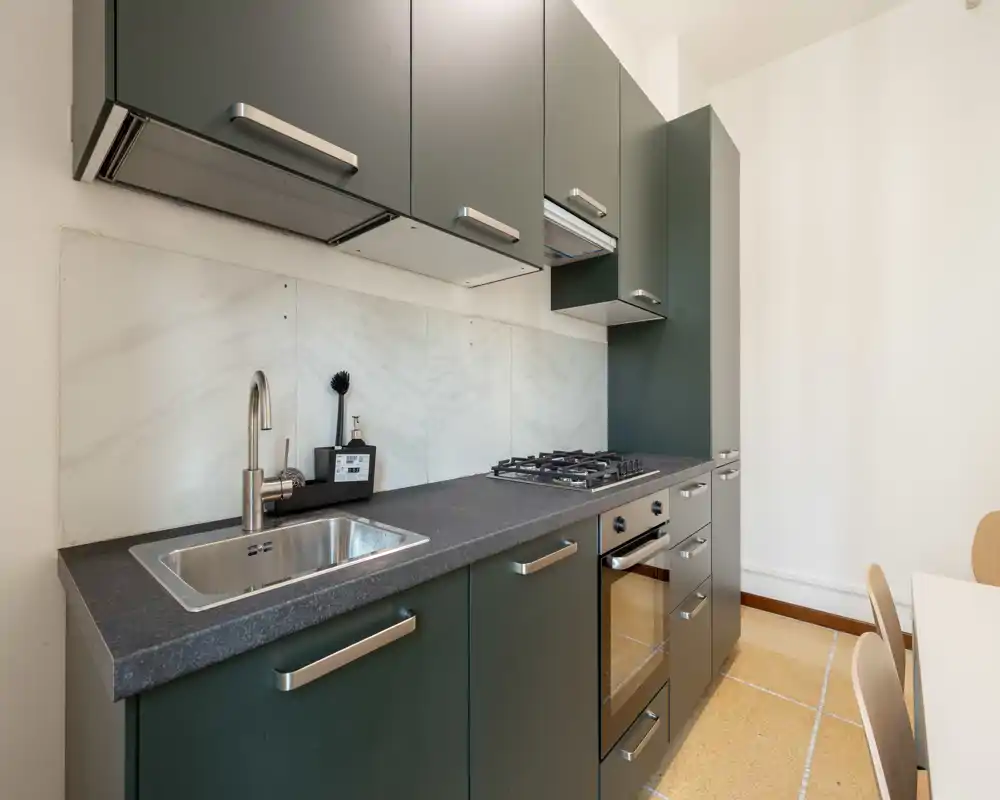Modern compact kitchen with dark green cabinets, integrated gas hob and oven, stainless sink and a light backsplash — bright, tidy space ideal for small apartments.