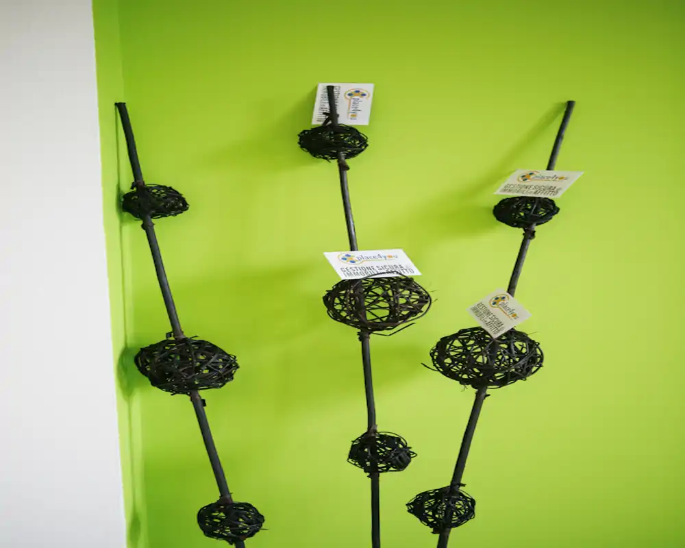 Plano cercano de tallos decorativos con esferas de ratán sobre una pared interior verde brillante; la foto se centra en la decoración de la pared, no en el tipo de habitación.