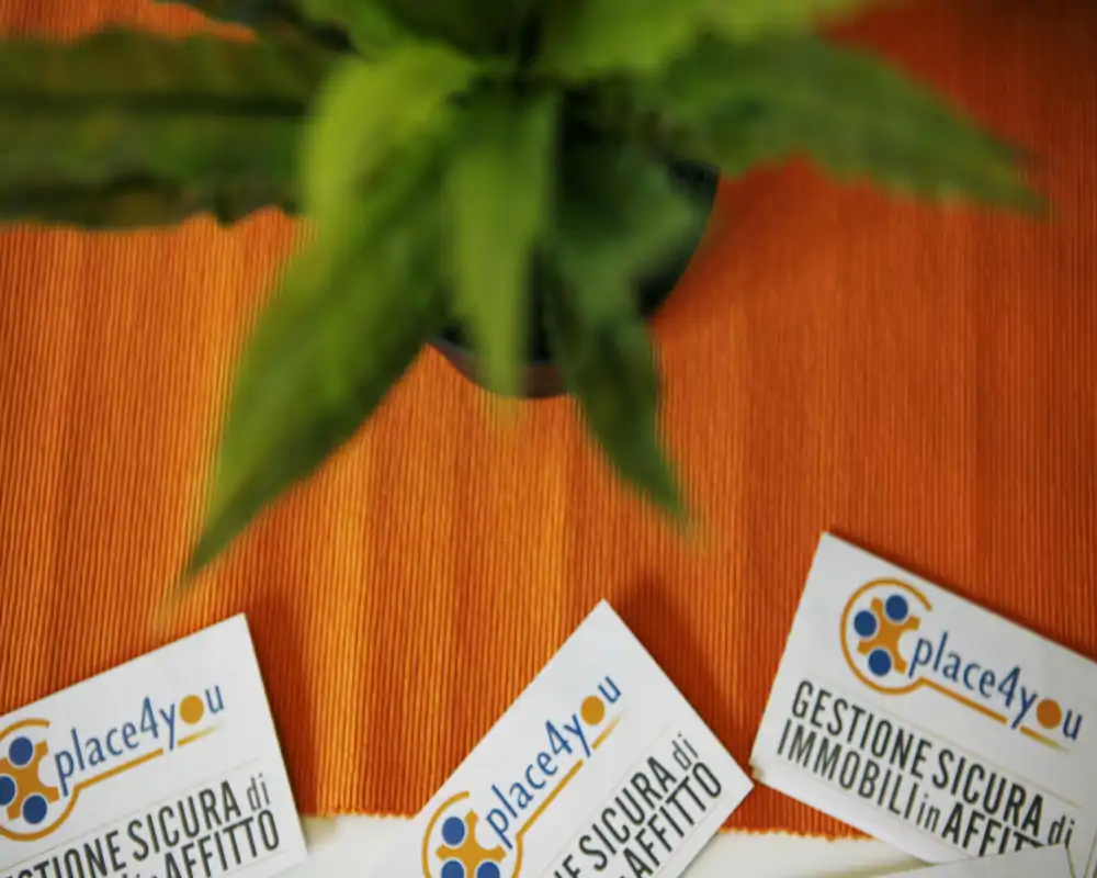 Plano detalle de una mesa con un salvamantel naranja, una planta en maceta y tarjetas de visita; no muestra una habitación específica.