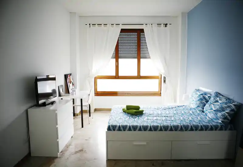 Bright, modern bedroom with a double bed dressed in patterned blue linens, a large window with white curtains, a small desk and a TV dresser — airy and well-lit.
