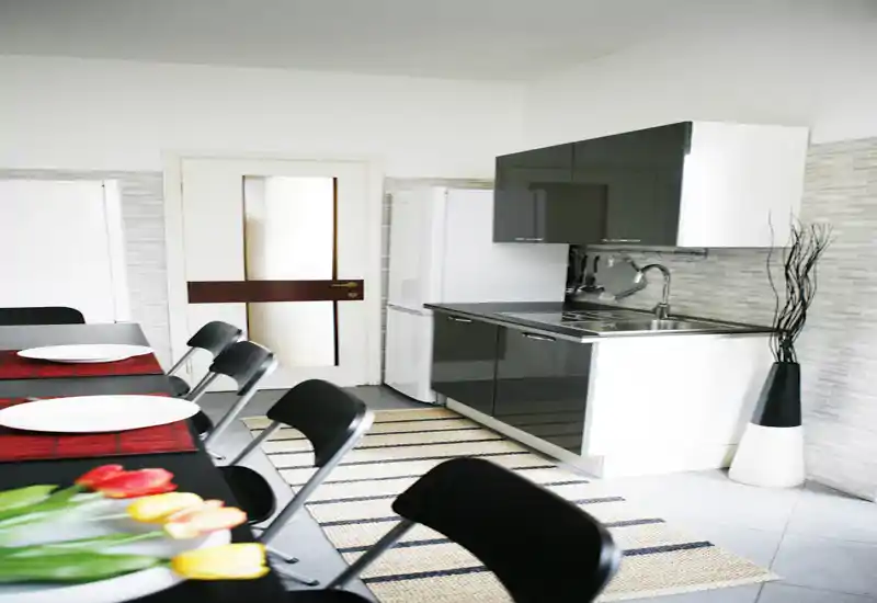 Modern open kitchen with glossy dark cabinets, stainless sink and a dining table set with plates and tulip flowers — bright, well-styled space ideal for listings.