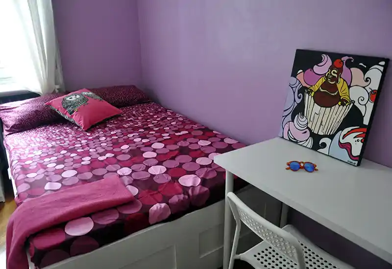 Dormitorio compacto y bien iluminado con cama doble con ropa de cama rosa estampada, un escritorio pequeño y un lienzo decorativo en la pared — acogedor y ordenado.
