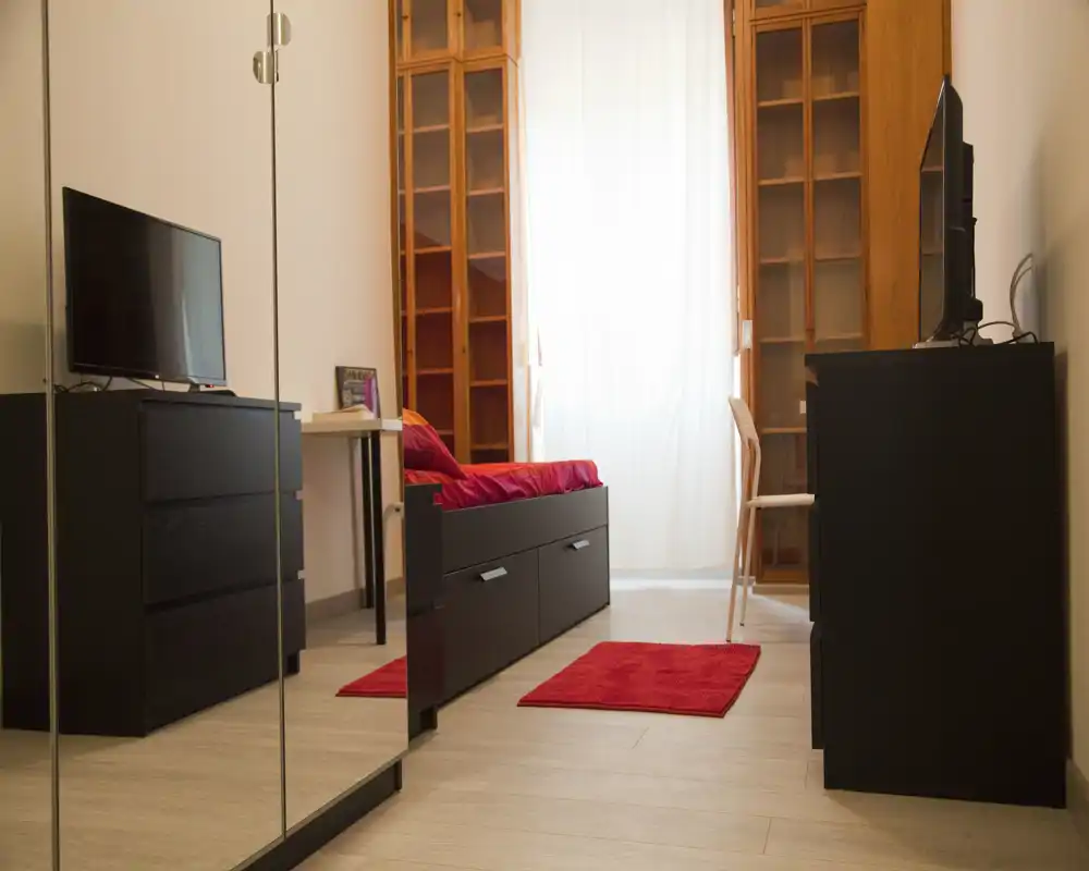 Bright, neatly furnished bedroom with a single bed, red textiles and matching rugs, wardrobe with mirrored doors, TV and a small desk near a sheer-curtained window.