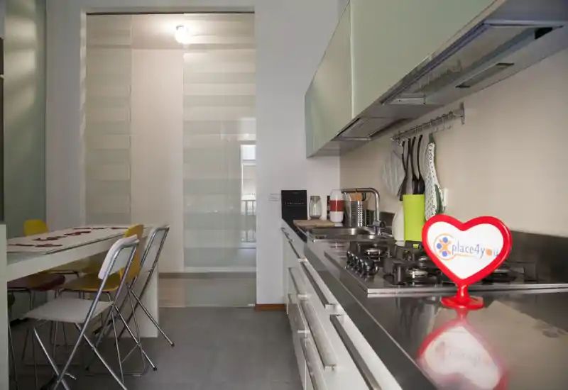 Modern open kitchen with stainless steel countertop, gas hob and sink; adjacent dining table with colorful chairs and decorative placemats.