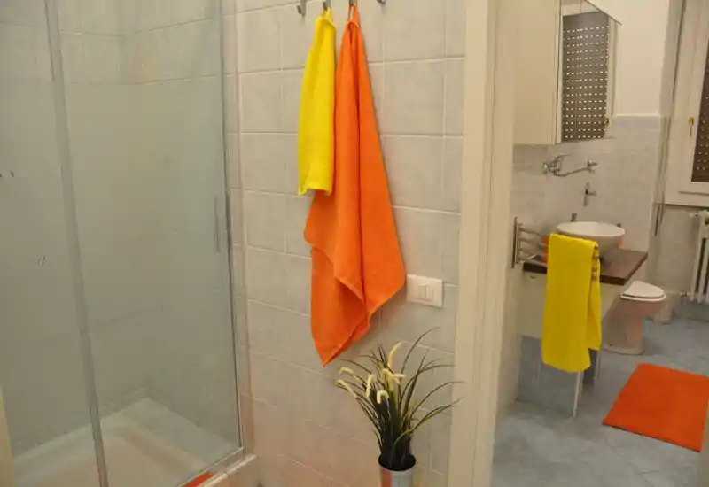Bagno luminoso e ordinato con box doccia, lavabo, wc e asciugamani colorati che danno un tocco vivace.
