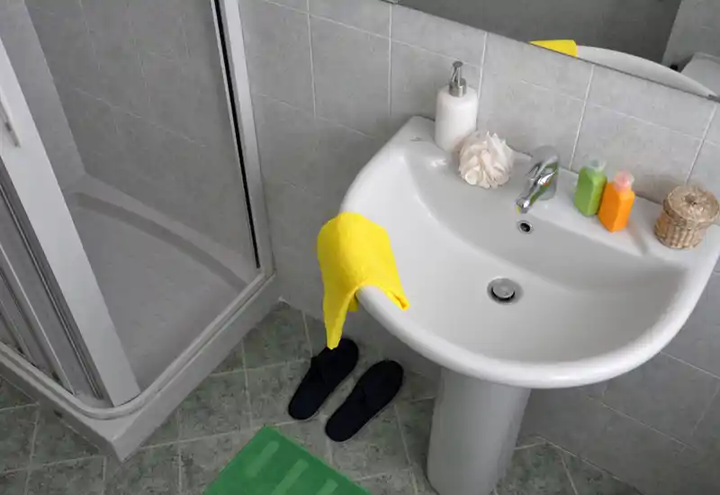 Bagno compatto e pulito con lavabo a colonna, doccia angolare e pavimento piastrellato; luminoso e curato con articoli da bagno colorati e un asciugamano.