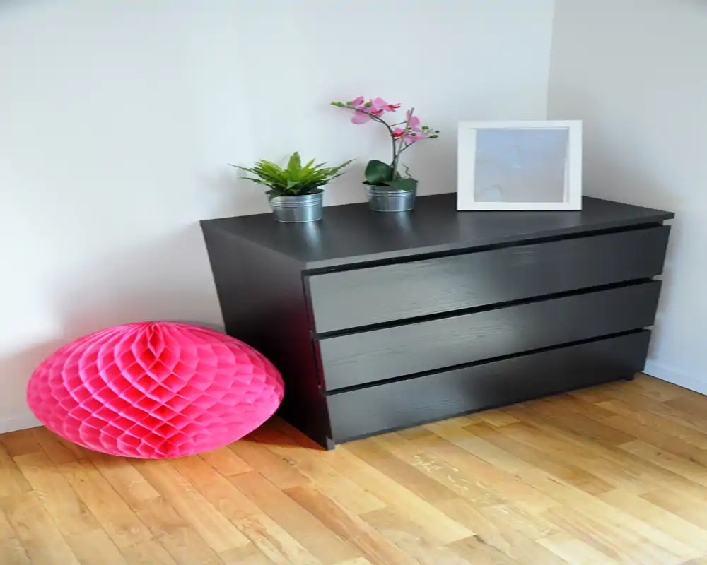 Angolo della camera ordinato con un comò scuro a tre cassetti, piccoli vasi con piante e una decorazione rosa su pavimento in legno; stile minimal e pulito, adatto a un annuncio moderno.