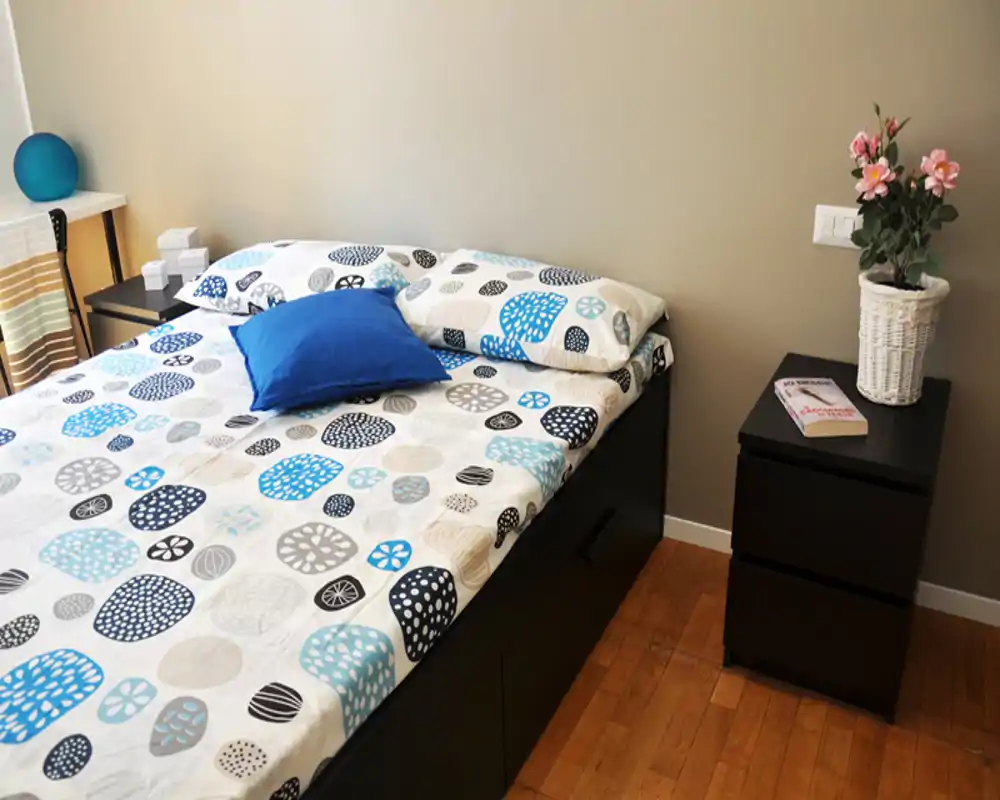 Dormitorio doble bien ambientado con ropa de cama estampada, cojín azul y somier con cajones negro. Suelo de madera, mesita con planta y libro, y luz natural suave.