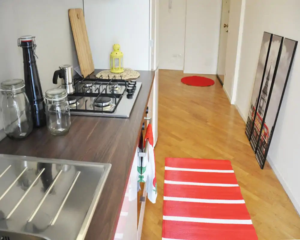 Cocina pequeña moderna y luminosa con encimera de madera, placa de gas y fregadero de acero; alfombras rojas y detalles decorativos crean un ambiente acogedor.