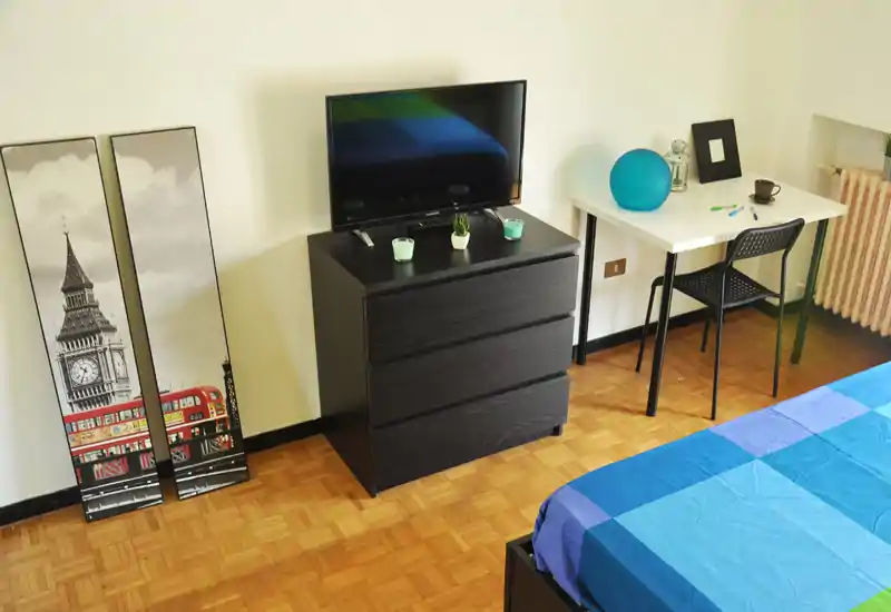 Bright, tidy bedroom corner with a visible double bed covered in a blue patterned duvet, a black chest of drawers with a TV on top, and a simple desk with chair — modern, functional layout ideal for a rental listing.