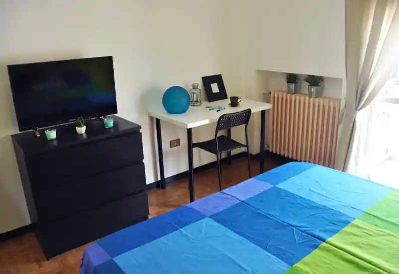 Sunny bedroom with a neatly made double bed, a dresser with TV, and a small workspace by the window. Bright, simply furnished space with tasteful accents like plants and decorative objects.
