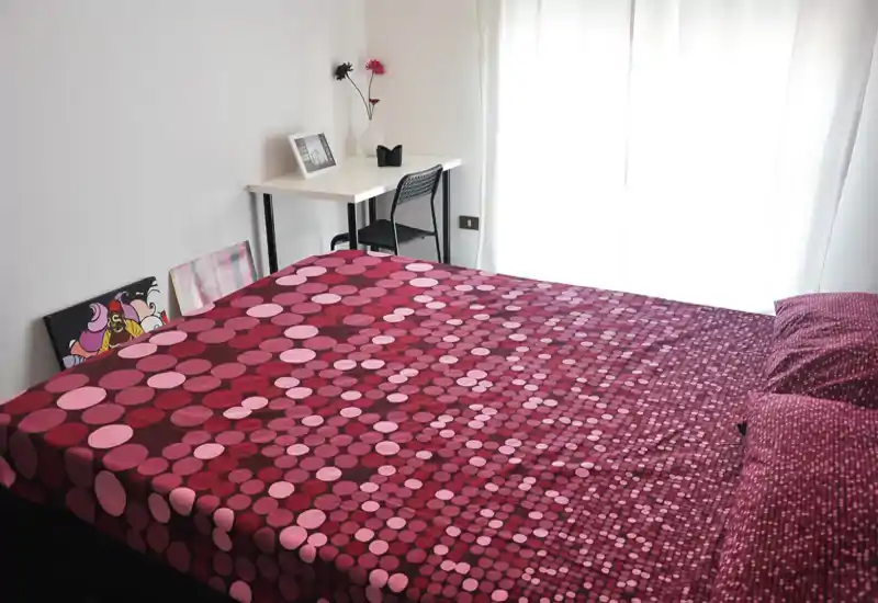 Bright, modern bedroom dominated by a large double bed with patterned magenta bedding, a small desk in the corner and sheer curtains letting in natural light.