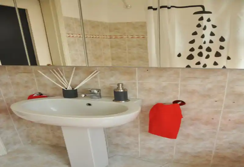 Compact, well-lit bathroom with a pedestal sink, tiled walls, mirror cabinet and a shower curtain with a decorative showerhead pattern.