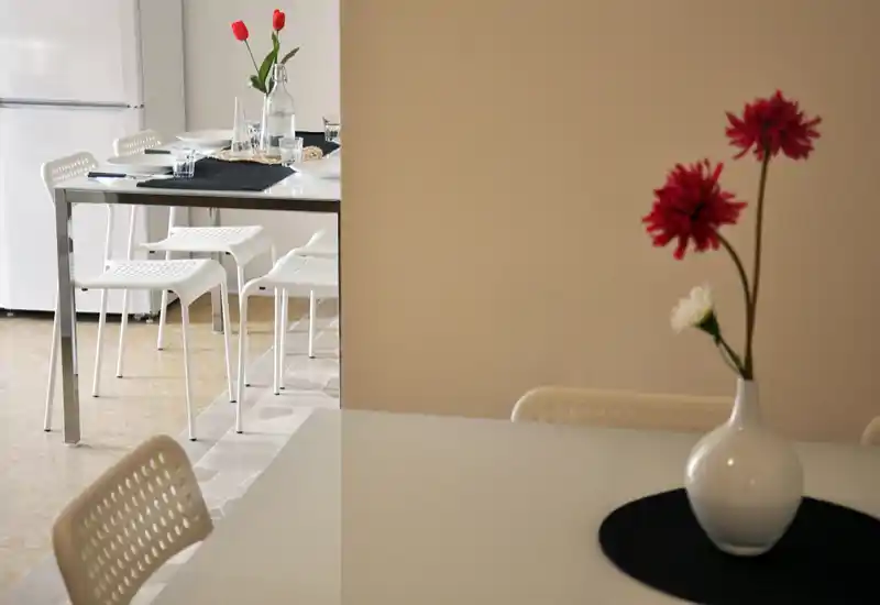 Bright, modern dining area with white tables and chairs, simple table settings and decorative flowers creating a neat, inviting atmosphere.