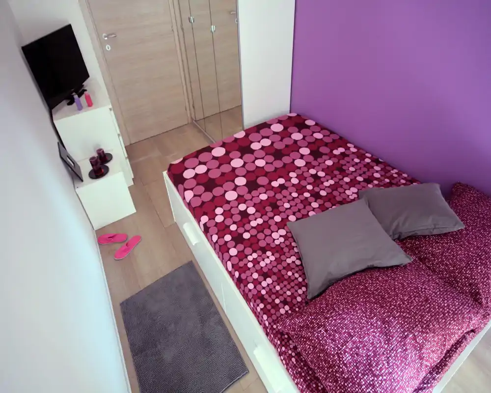 Bright, compact bedroom with a double bed dressed in patterned pink-and-red linens, two gray pillows and a matching purple accent wall. The room includes bedside storage, a small wall-mounted TV and mirrored closet doors that enhance the sense of space.