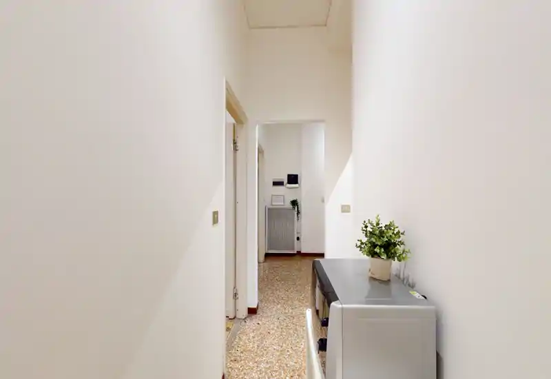 Entrada/pasillo estrecho y bien iluminado con suelo de terrazo, paredes blancas y una pequeña consola con planta — un área de paso sencilla y ordenada.