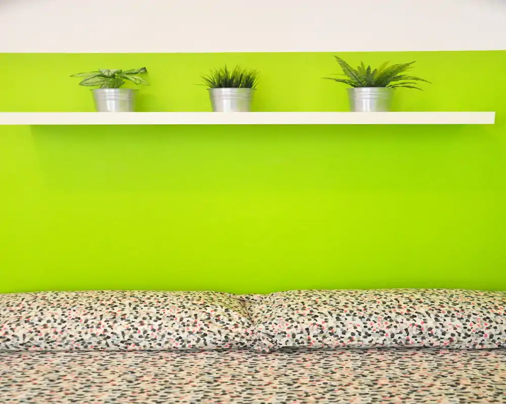 Détail de chambre lumineux et moderne avec une literie à motifs devant un mur vert vif, une étagère flottante et trois petits pots de plantes — propre et bien mis en scène.