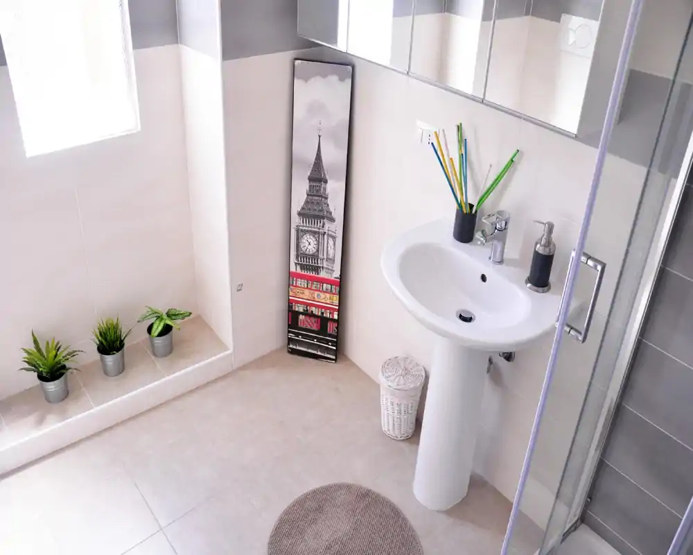 Bagno moderno e luminoso con lavabo a colonna, porta doccia in vetro, piante decorative e un piccolo tappeto; piastrelle neutre e specchio pensile creano un ambiente fresco e arioso.