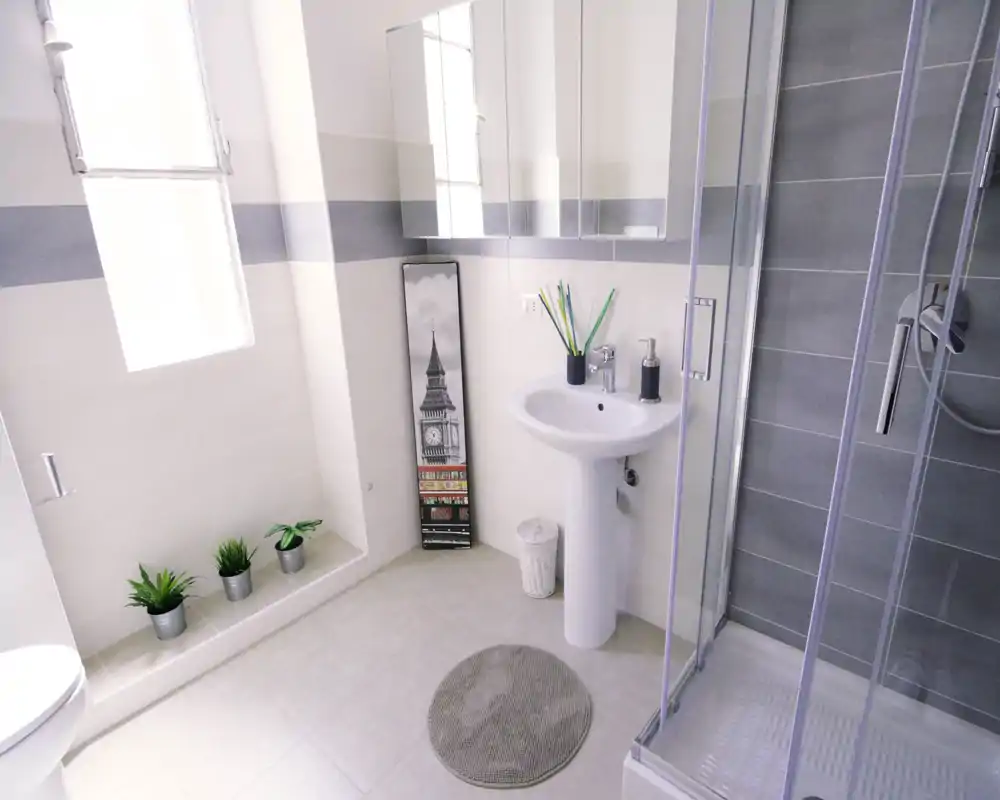Bagno moderno e luminoso con box doccia in vetro, lavabo a colonna, specchiera e piante in vaso che aggiungono un tocco fresco.