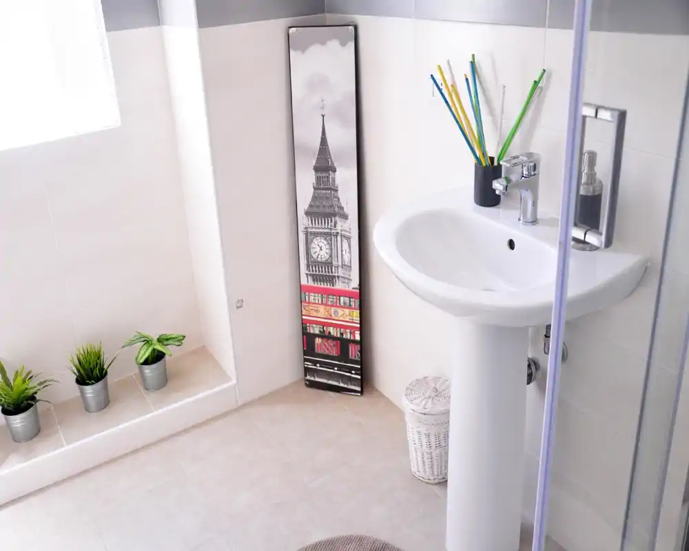 Bagno luminoso e moderno con lavabo a colonna, piante decorative e un piccolo cesto per la biancheria; piastrelle bianche pulite e box doccia trasparente donano un aspetto fresco e arioso.