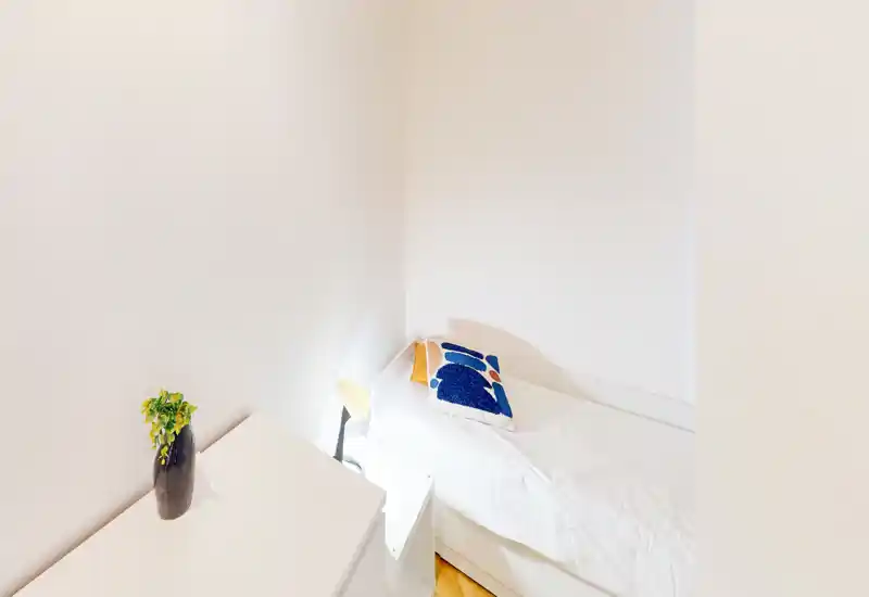 Small, bright single bedroom with a neatly made bed, decorative cushion and a bedside lamp; minimal, modern styling with white walls and a small plant.