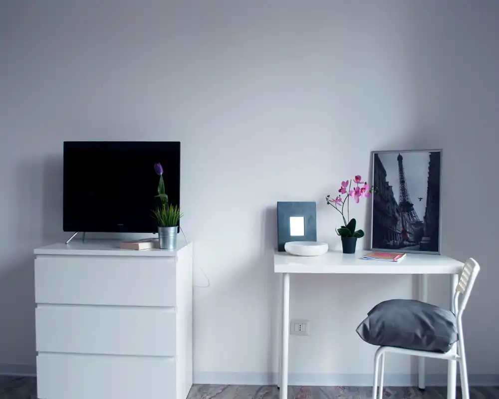 Espace de vie minimaliste avec une commode blanche, un petit bureau, des plantes décoratives et une photo encadrée ; lumineux, propre et au style soigné.