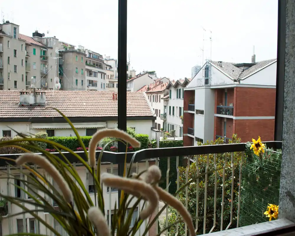 Balcon ensoleillé donnant sur les toits et immeubles voisins, avec des plantes en pot et une rambarde métallique au premier plan.