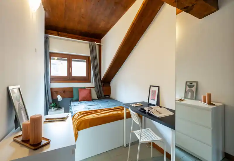 Chambre compacte avec un lit simple confortable sous un plafond en bois incliné, lumière naturelle par la fenêtre, table de chevet et petit bureau, idéale pour une personne.