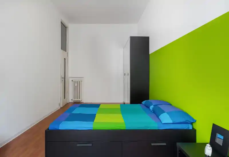 Bright, tidy bedroom with a large double bed dressed in colorful blue-green bedding against a vivid green accent wall; simple black storage furniture and a wardrobe complete the minimalist layout.
