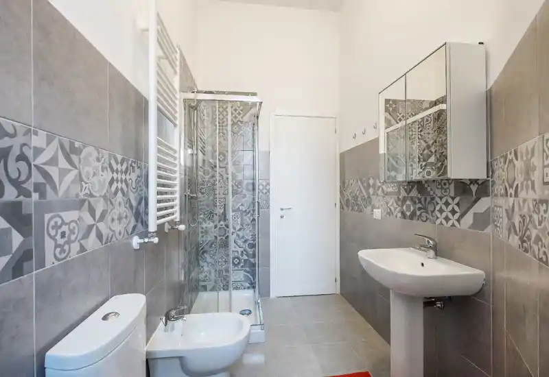 Modern bathroom with patterned grey tiles, glass shower enclosure, wall-mounted mirror cabinet, sink and bidet. Bright, clean and well-lit space ideal for rental listings.
