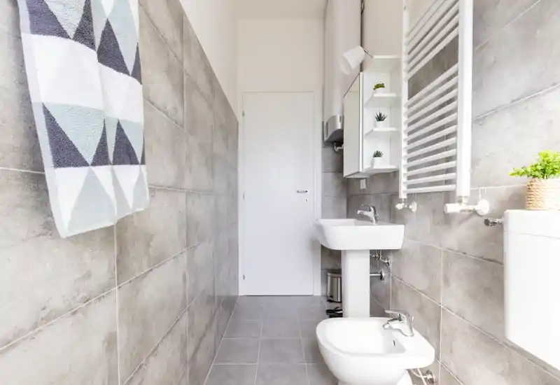 Bagno moderno e luminoso con piastrelle grigie, lavabo a colonna, bidet, scalda-asciugamani a parete e piccole piante decorative.