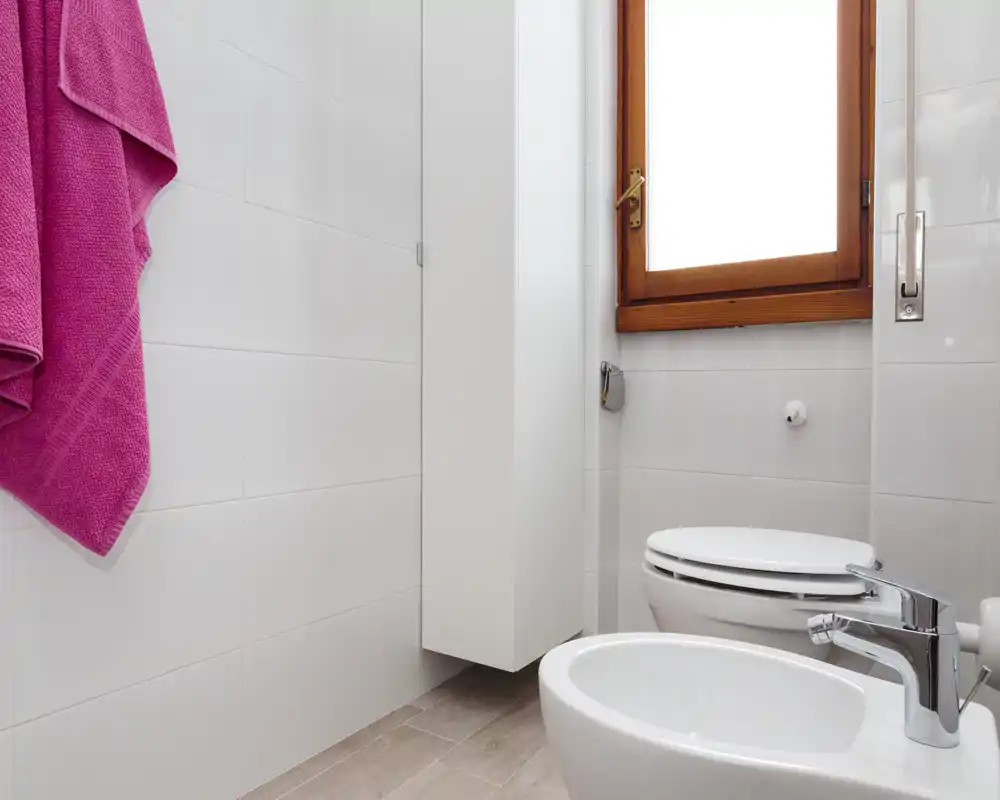 Bright, clean bathroom with a bidet and toilet visible, white tiles and a wooden-framed window providing natural light.
