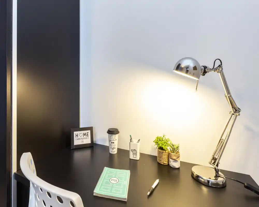 Angolo scrivania luminoso e ordinato con lampada regolabile moderna, piante decorative e cancelleria—ideale per lavoro o studio.
