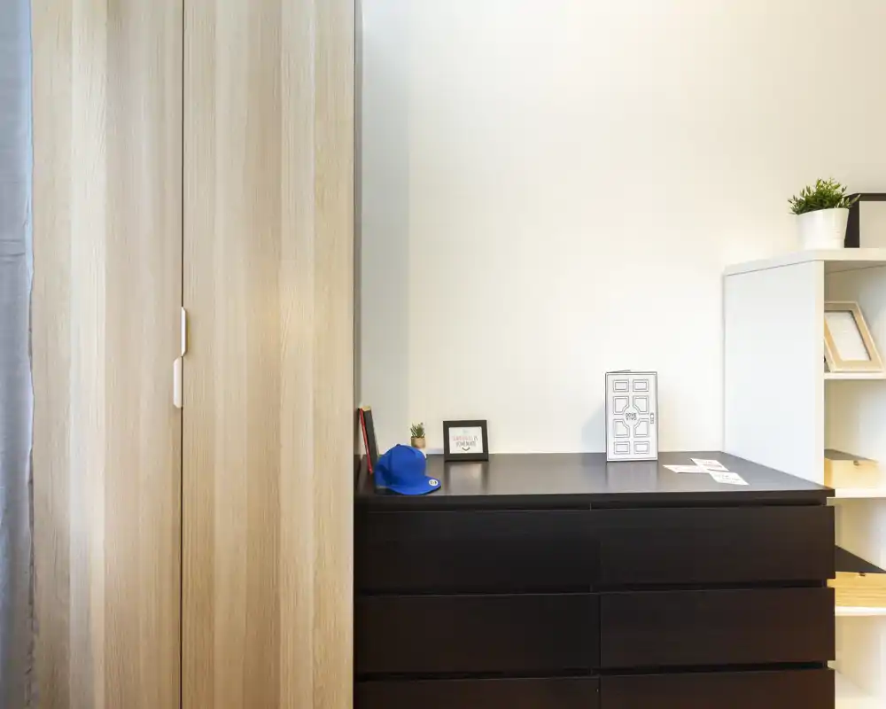 A tidy bedroom storage area with a light-wood wardrobe, dark chest of drawers and open shelving with decorative items; bright, minimalist styling.