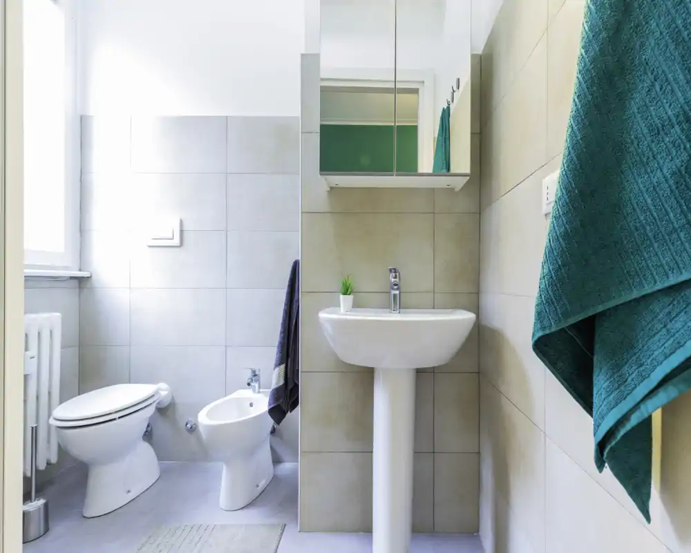 Salle de bains moderne et lumineuse avec lavabo sur colonne, miroir-armoire, WC et bidet ; carrelage neutre et serviettes bleu-vert pour une impression fraîche et propre.