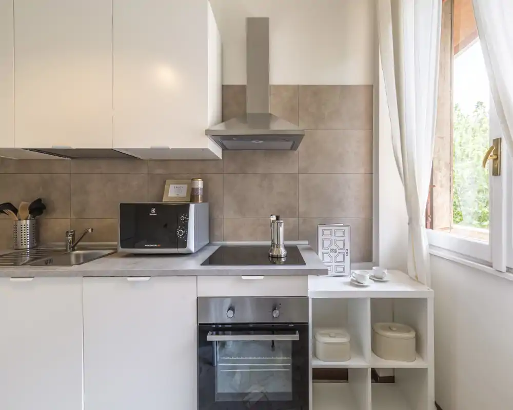 Compact modern kitchen with an induction cooktop, built-in oven and microwave; neutral tiles and a bright window create a clean, functional space.